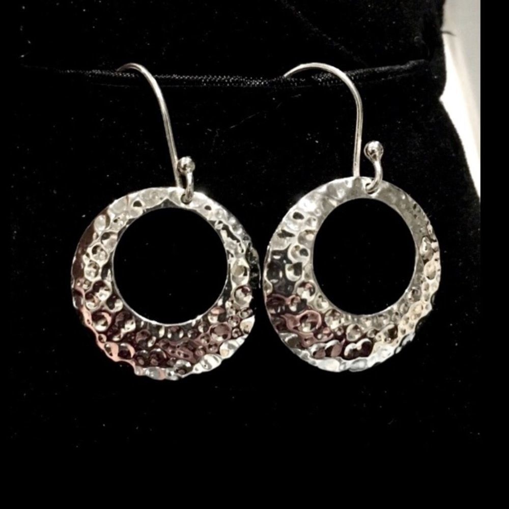 Drop Open Disc Sterling Silver Hammered Finish Circle Earrings